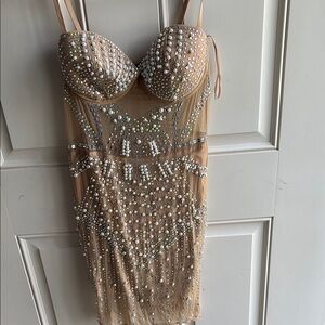 Windsor Gold Tan Embellished Bodycon Mini Dress